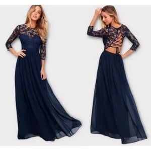 Lulu’s | Women's Touch My Heart Navy Blue Lace-Up Lace Maxi Dress - Size M